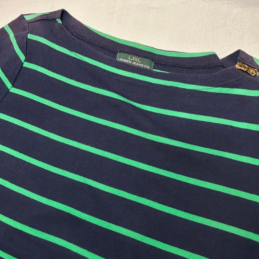 Lauren Jeans Co Ralph Lauren Top Womens S Navy Green Striped Boat Neck Zipper